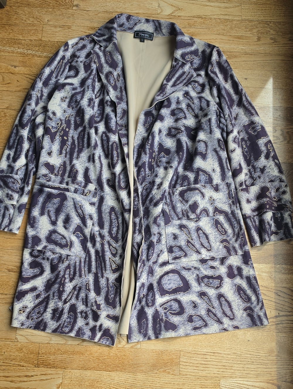 (L) Minkas Purple and Gold Patterned Women's Open Blazer Animal Print Eclectic